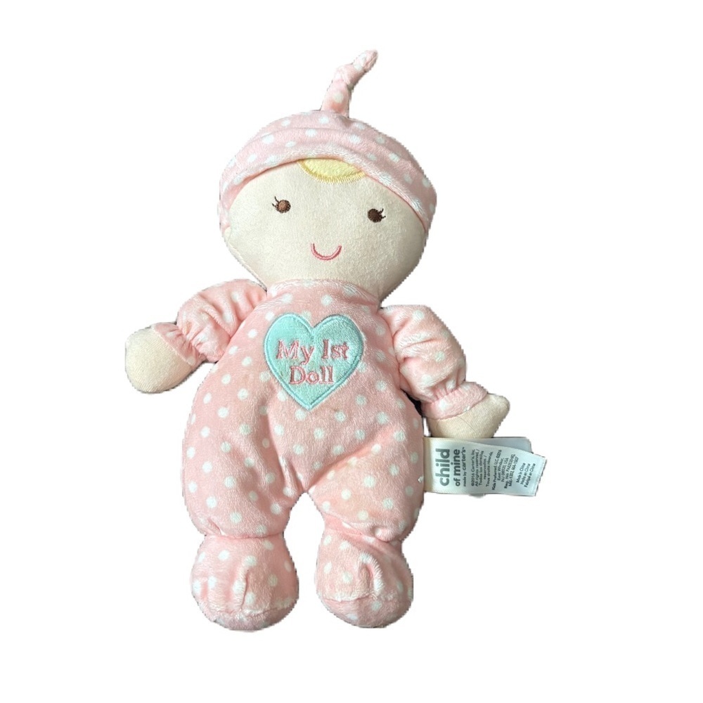 Carters Child of Mine My 1st Doll Rattle Crinkle Pink Polka Dots Blonde Hair